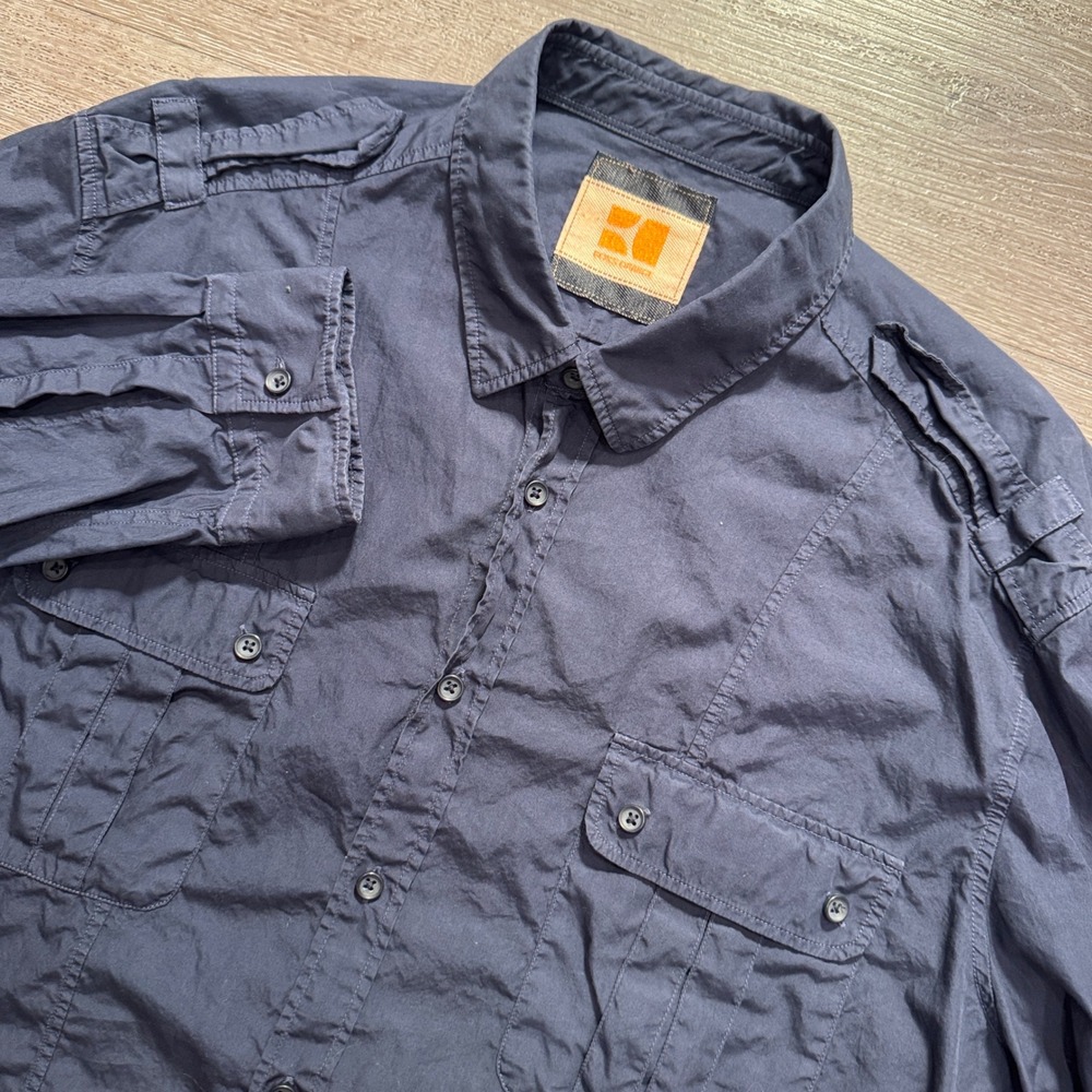 Hugo Boss Orange Shirt Mens XXL Blue 100% Cotton Epaulette Utility Gorpcore